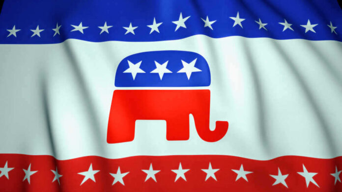 shutterstock_1806375481.jpg featured image Republican Party elephant logo on American flag background.