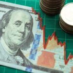 One hundred dollar bill and coins with stock market graph.