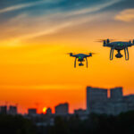 Two drones flying during colorful sunset skyline