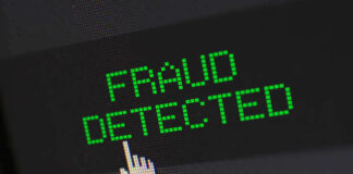 Fraud detected text with a pixelated cursor icon.
