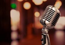Retro microphone with blurred background lights.