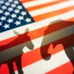 Donkey and elephant shadows on American flag background.