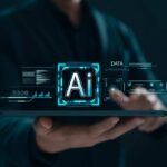 Person holding tablet with AI hologram display