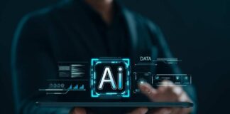 Person holding tablet with AI hologram display