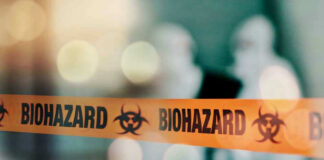 Biohazard tape with blurred figures in background
