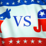 Democrat donkey vs Republican elephant on American flag background