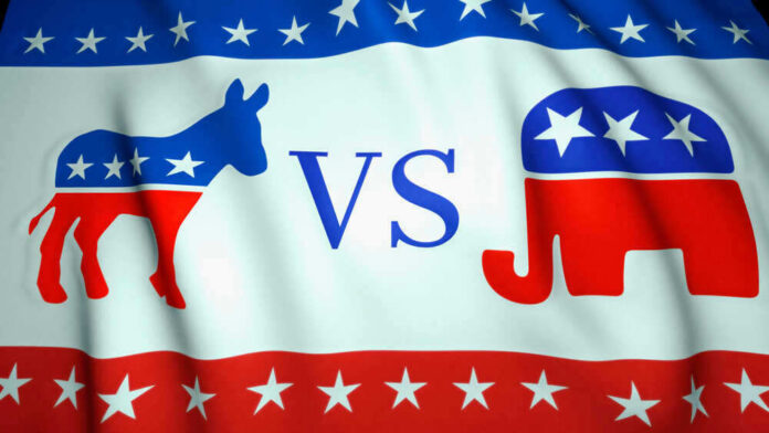 Democrat donkey vs Republican elephant on American flag background