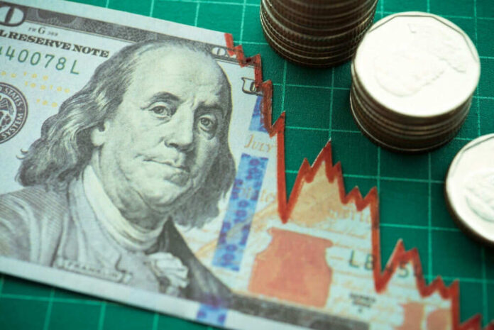 One hundred dollar bill and coins with stock market graph