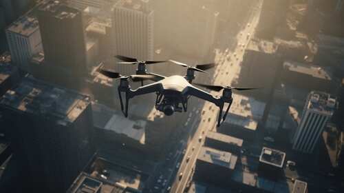 A drone flying over a cityscape during sunset