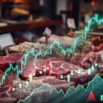 Graph overlay on a meat market display showing stock trends
