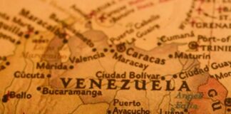 Close-up of a map highlighting Venezuela and surrounding regions