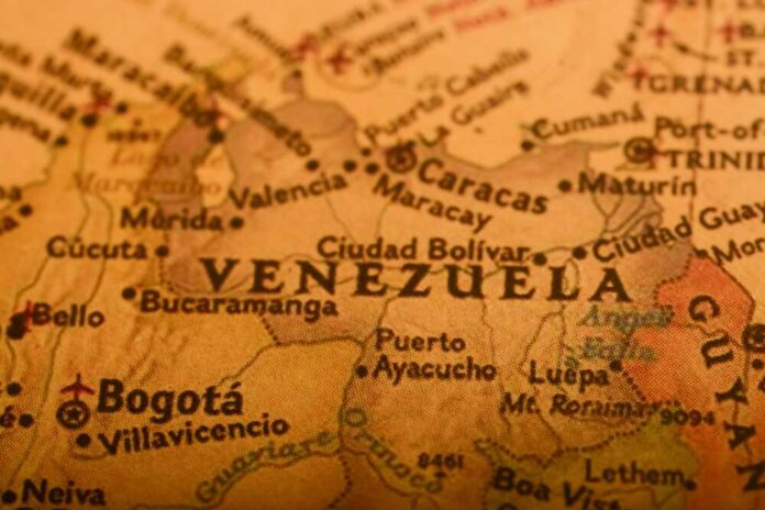 Close-up of a map highlighting Venezuela and surrounding regions