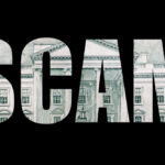 The word 'SCAM' formed by a background of a dollar bill
