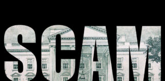 The word 'SCAM' formed by a background of a dollar bill
