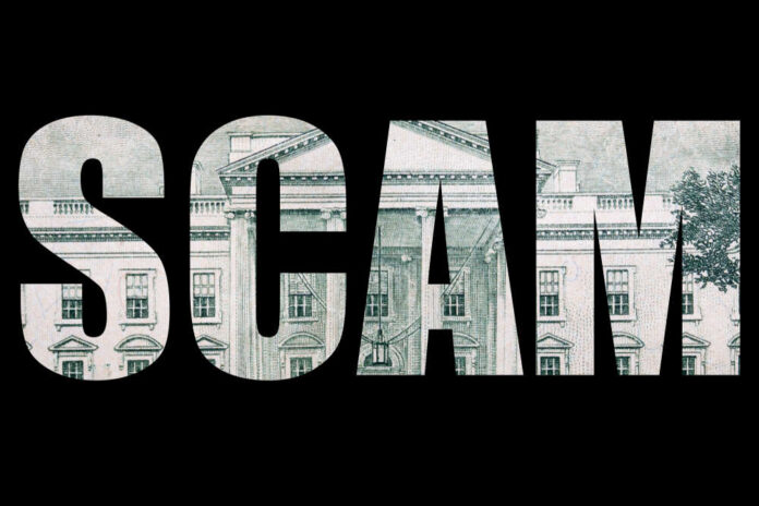 The word 'SCAM' formed by a background of a dollar bill