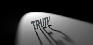 Truth casting shadow spelling Lies on curved surface.
