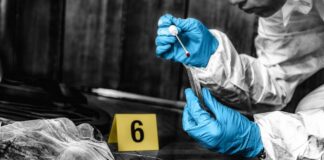 Forensic investigator collecting a blood sample at a crime scene