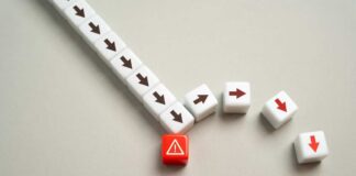 A red warning block surrounded by white blocks with directional arrows