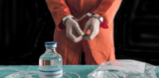 Handcuffed person in orange suit with lethal injection supplies.