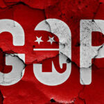 Cracked GOP logo on a red background.