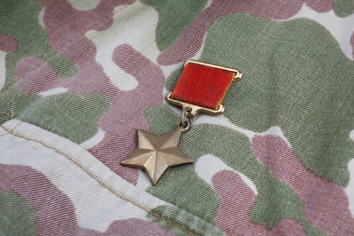 A military medal displayed on camouflage fabric