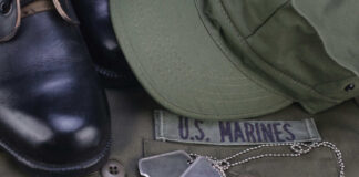 US Marines uniform with boots and dog tags