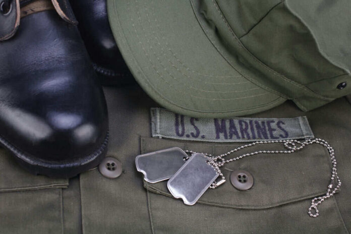 US Marines uniform with boots and dog tags