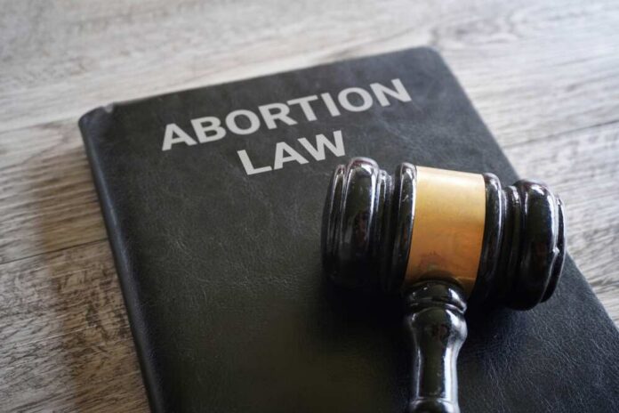 shutterstock_2366632529.jpg A gavel resting on a book titled 'Abortion Law'
