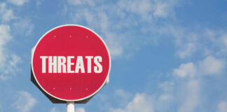 Red sign with the word threats against sky