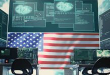 A high-tech workspace featuring multiple computer monitors displaying data and an American flag in the background