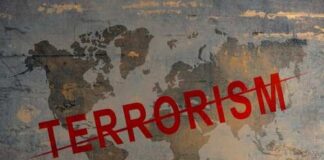 World map with the word TERRORISM crossed out in red