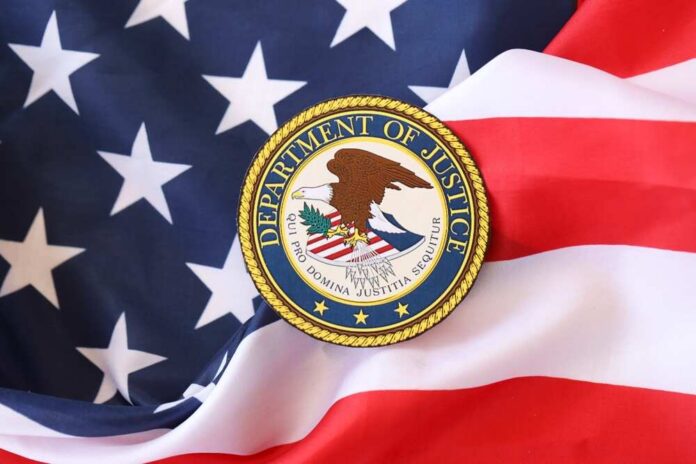 Department of Justice seal on an American flag background
