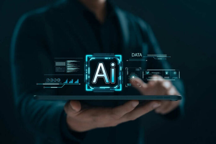 Person holding tablet with AI hologram display