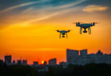 Two drones flying during colorful sunset skyline