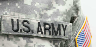 US Army uniform with American flag patch.