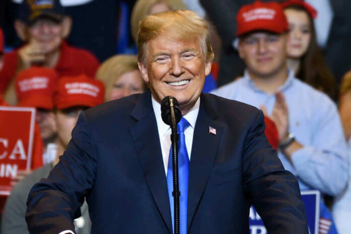 Donald Trump speaking at a rally, supporters in background.
