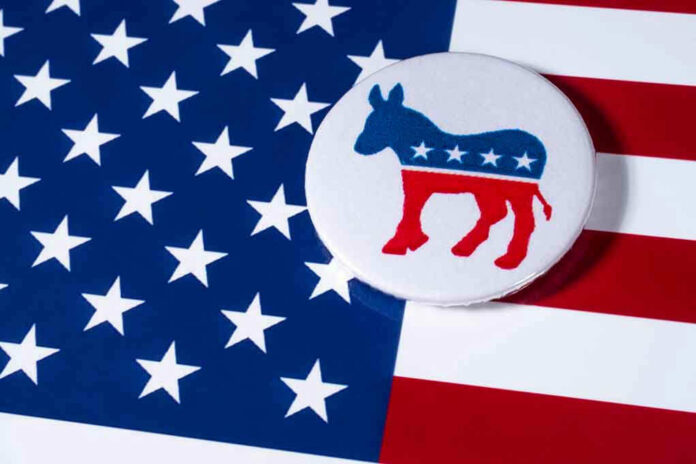Democratic donkey button on American flag background.
