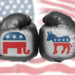 Boxing gloves with Republican and Democrat symbols.