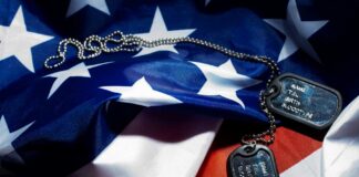 Military dog tags resting on an American flag