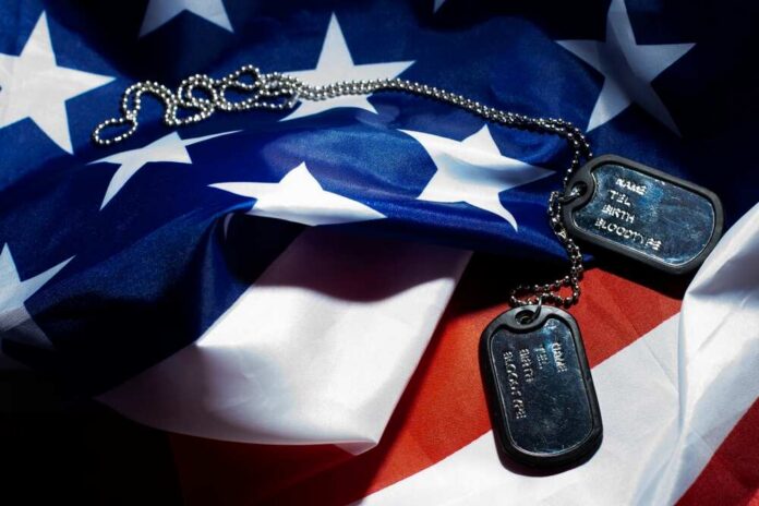shutterstock_1960819849 Military dog tags resting on an American flag