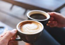 Coffee cup on table in cafe interior