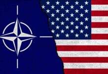 Trump Threat Jolts NATO — Troops on the Line NATO flag on the left and USA flag on the right, with a torn effect in the middle