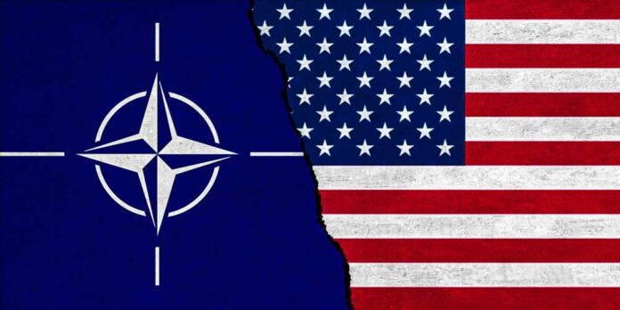 Dhaka,,Bangladesh-,30,Aug,2024:,Usa,And,Nato,Flag,Together NATO flag on the left and USA flag on the right, with a torn effect in the middle