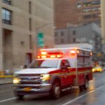 Ambulance with flashing lights driving on a wet city street