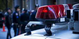 Police car roof with lights, officers in background.
