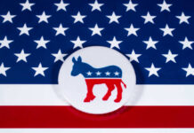 Bombshell Allegation Shakes Democrat Democratic Party donkey logo on American flag background.