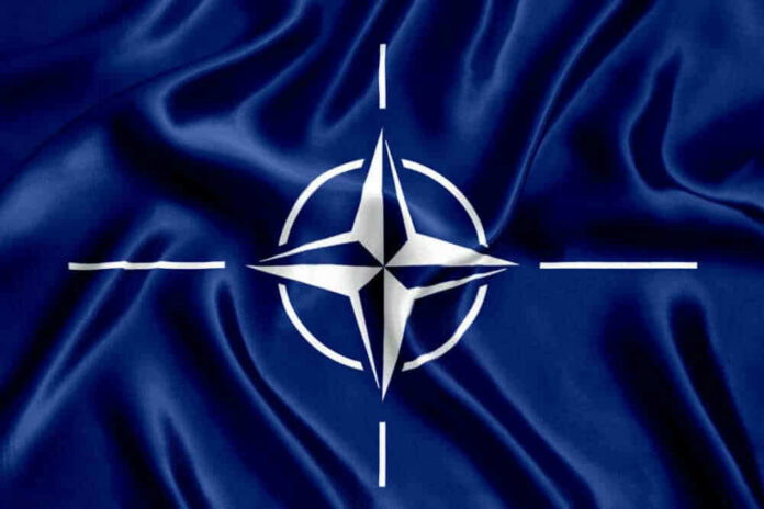 NATO flag with white compass emblem on blue background.