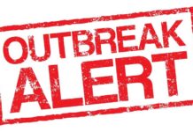 Outbreak alert stamp in red with distressed texture