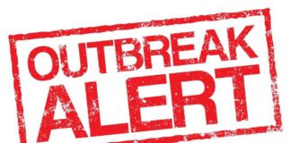 Outbreak alert stamp in red with distressed texture