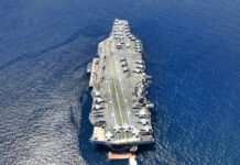 Aircraft carrier on open sea with parked planes